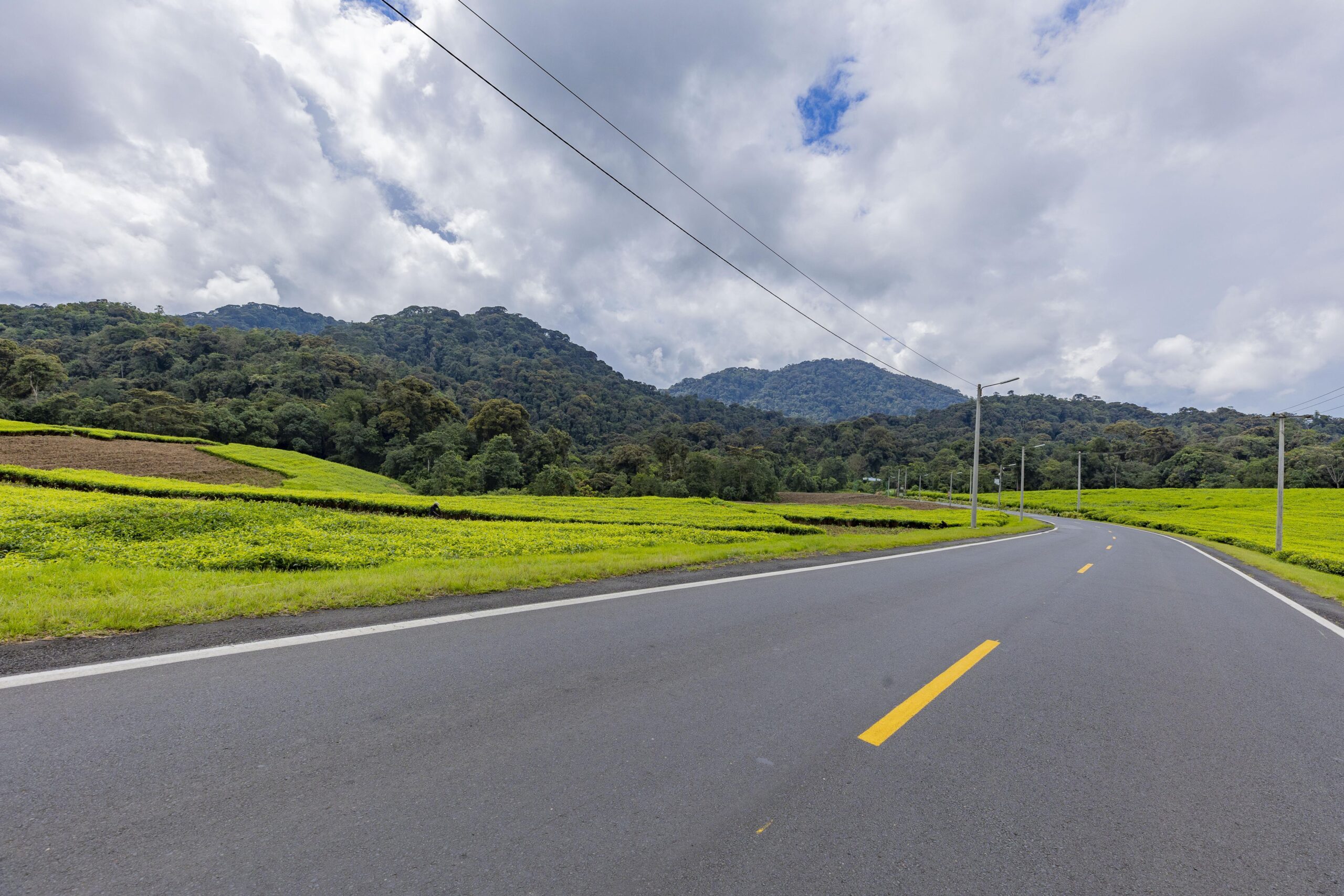 Rental SUV travelling along a scenic road through Rwanda's green hills