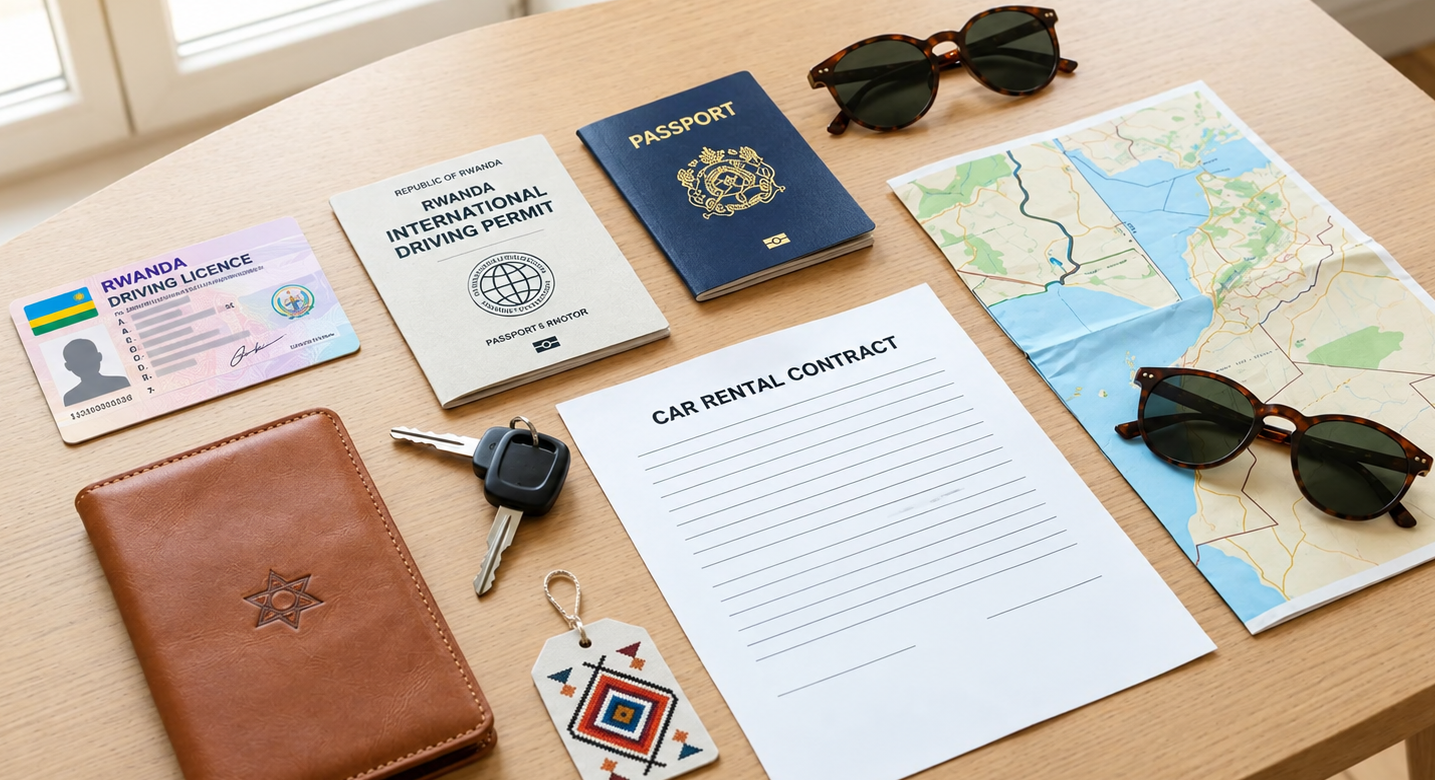 Rwandan driving licence, international driving permit and car rental agreement