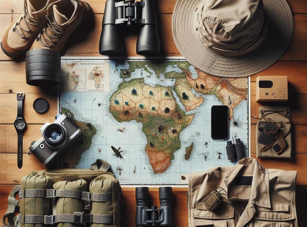 Rwanda safari packing essentials including a backpack, binoculars, camera, hat and walking shoes