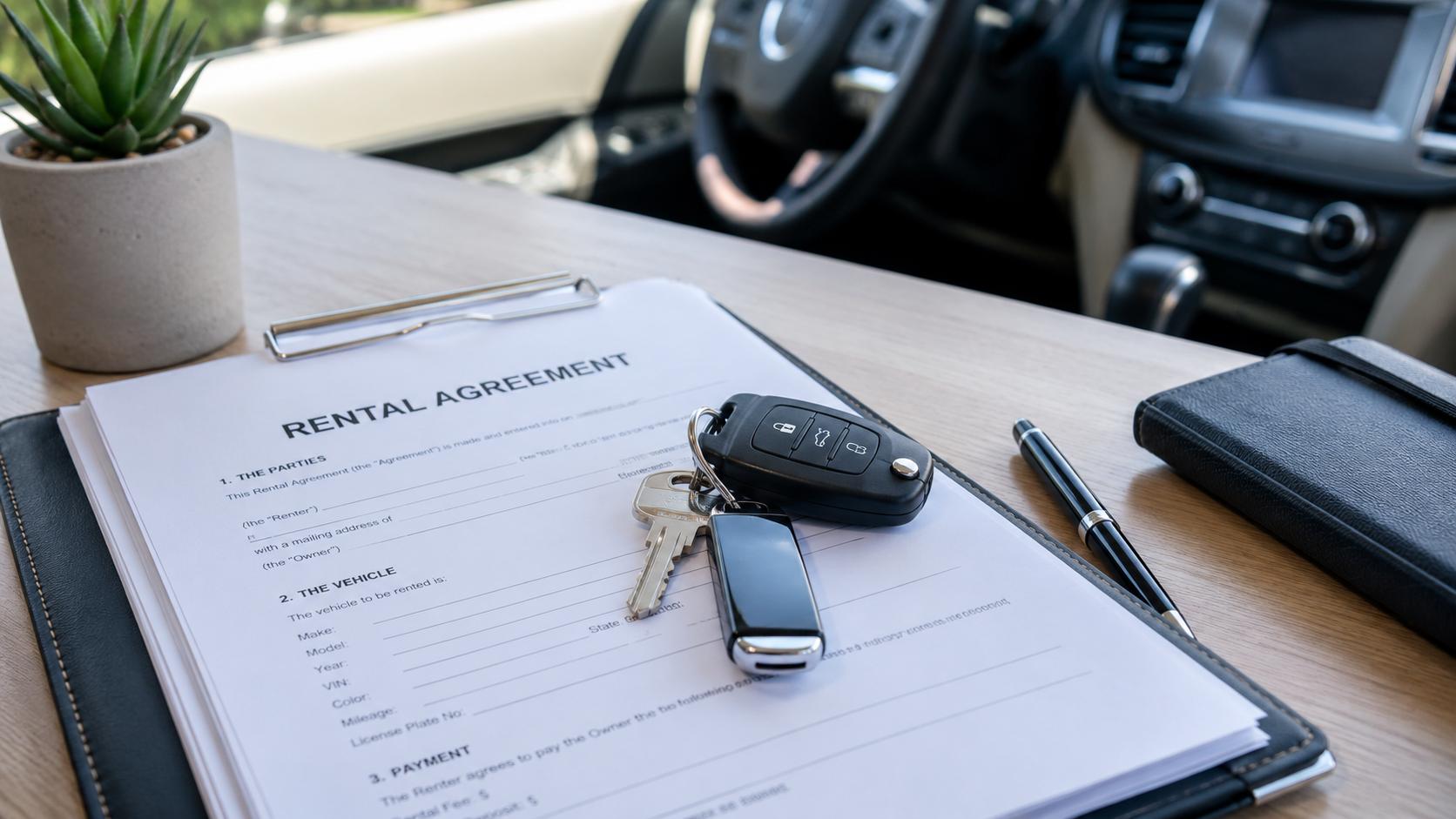 Car rental deposit in Rwanda with vehicle keys and rental agreement
