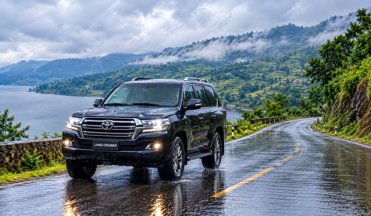 Toyota Land Cruiser driving on a wet road in Rwanda during the rainy season